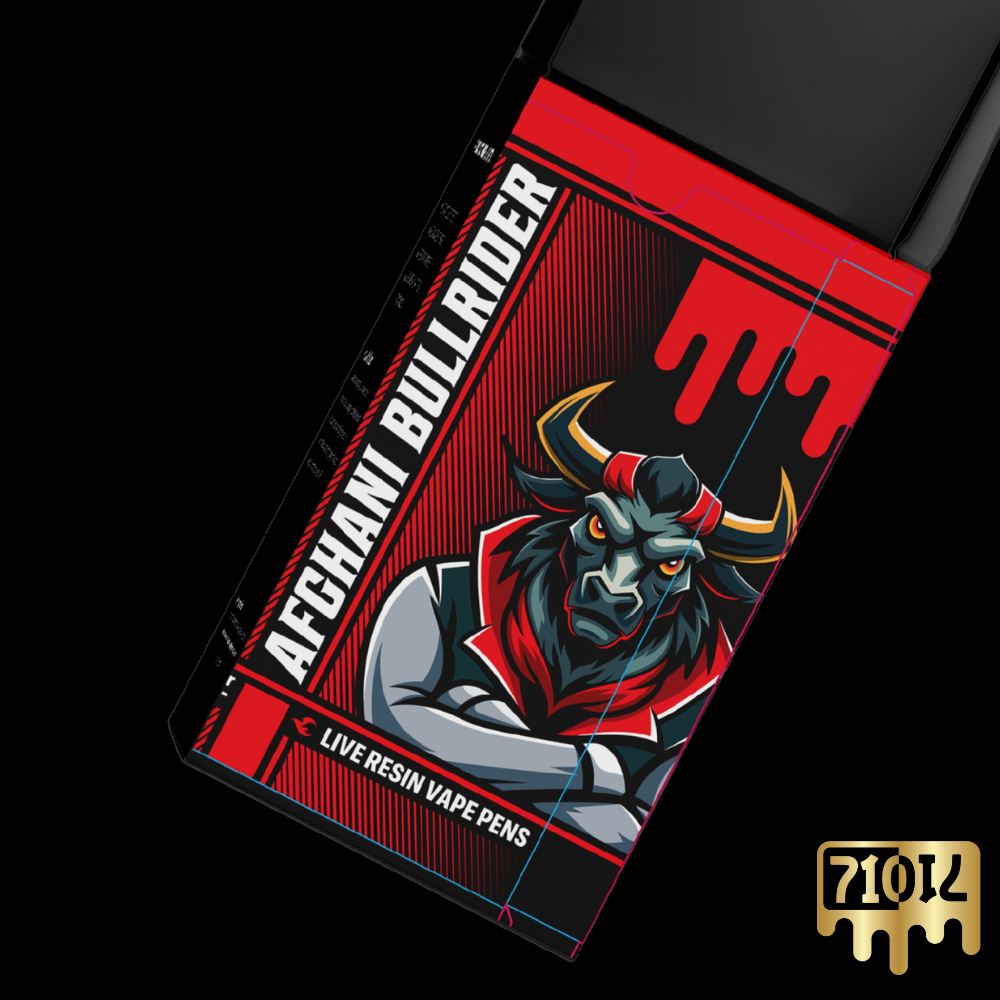 Afghani Bullrider Live Resin Vape Pen packaging featuring a bold bull illustration and red design.