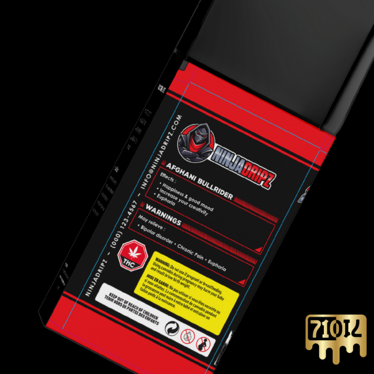 Afghani Bullrider Live Resin Vape Pen back packaging with strain effects, warnings, and brand details.