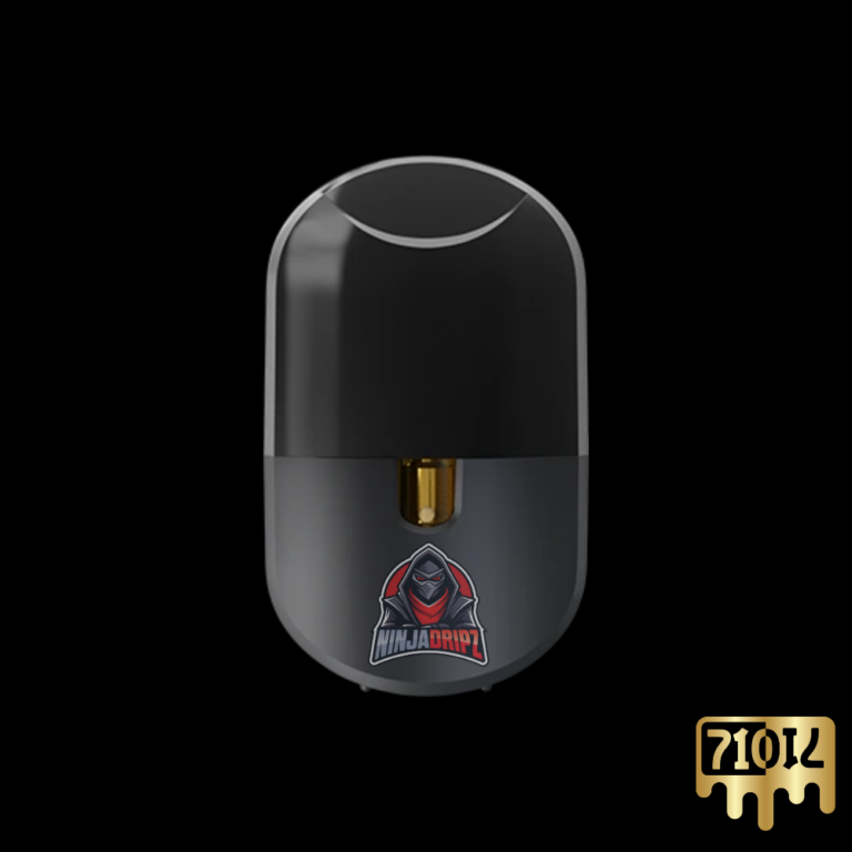 Afghani Bullrider Live Resin Vape Pod with Ninja Dripz branding and golden concentrate inside.