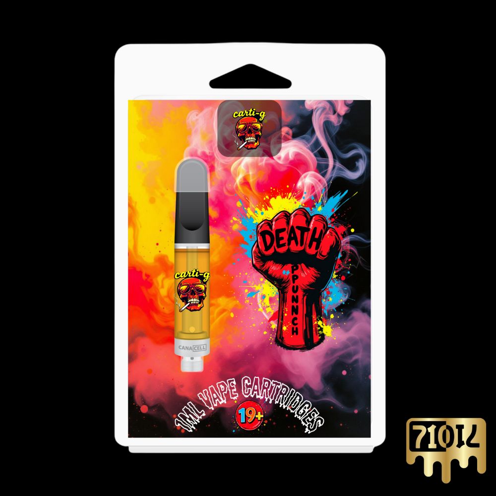Front of Carti-G Death Punch Live Rosin Vape Cartridge packaging, featuring a bold red fist design, smoke-infused background, and a premium 1mL THC vape cartridge.