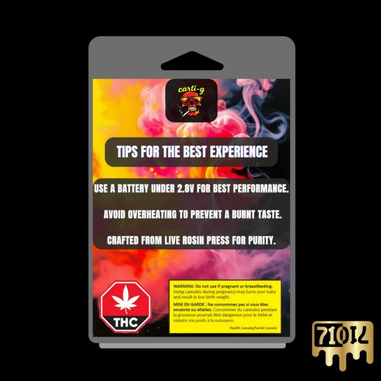 Backside of Carti-G Live Rosin Vape Cartridge packaging, featuring usage tips, optimal battery settings, overheating warnings, and THC safety information.