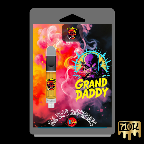 Granddaddy Purple Live Rosin Vape Cartridge – premium solventless THC vape featuring bold purple-themed packaging with a powerful design and smooth, potent effects.