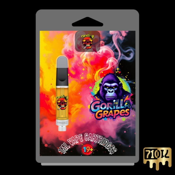Gorilla Grapes Live Rosin Vape Cartridge – premium solventless THC vape featuring bold packaging with a fierce gorilla design and smooth, potent effects.
