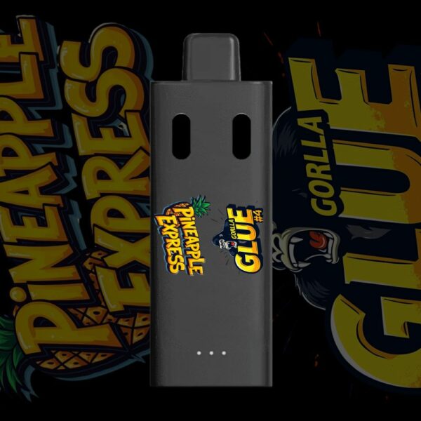 Pineapple Express and Gorilla Glue #4 dual strain vape pen on black background