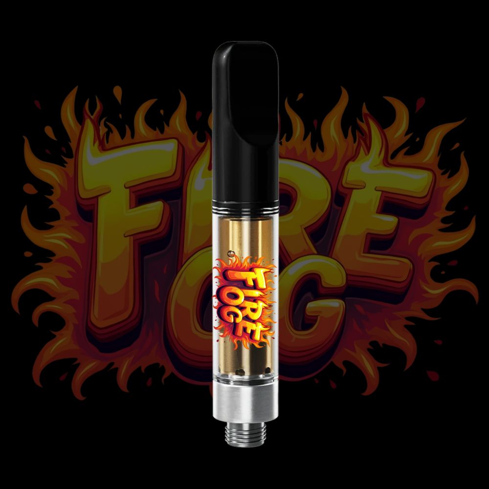 Fire OG vape cartridge with flame-styled branding and golden oil