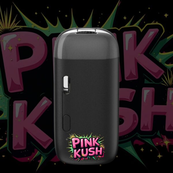Pink Kush pod vape with vibrant pink comic-style logo and compact design