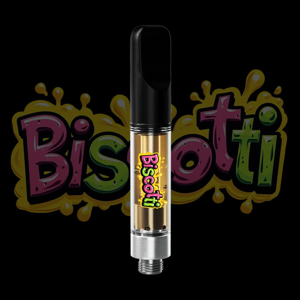 Biscotti vape pen with sweet-inspired bold label and gold THC oil