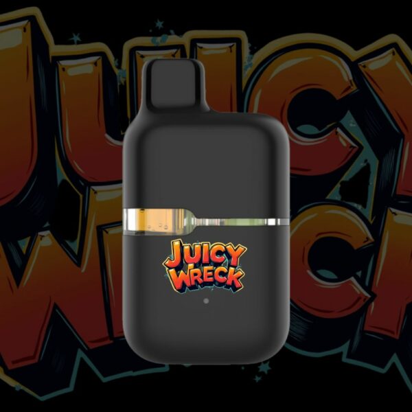 Juicy Wreck disposable vape pen with orange and red text on sleek black body