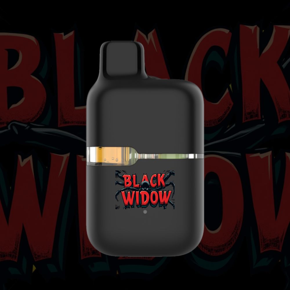 Black Widow THC vape pen with spider-themed logo and black matte casing