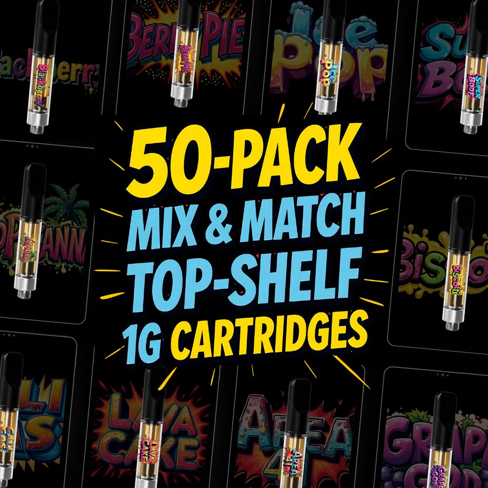 Bulk vape cartridge 50-pack mix and match deal featuring top-shelf 1G THC cartridges