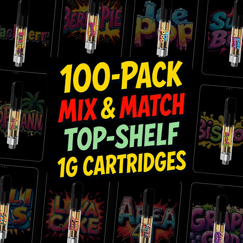 Bulk vape cartridge 100-pack mix and match deal featuring top-shelf 1G THC cartridges