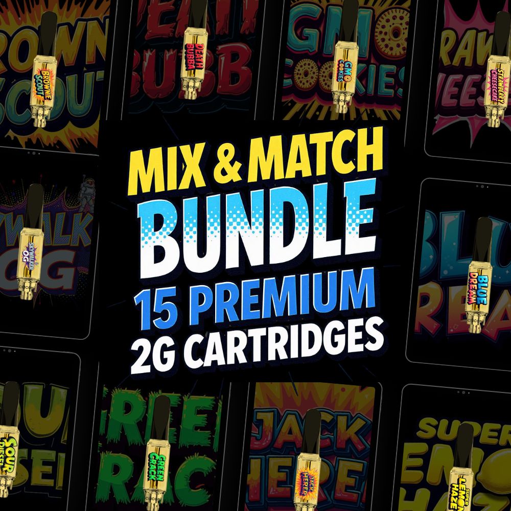 Bulk vape cartridge 15-pack mix and match bundle featuring 2G THC cartridges